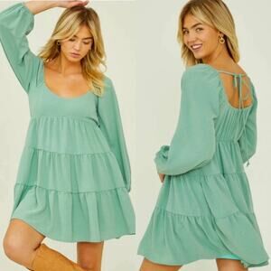 Altar’d State Camila Green Tiered Long Sleeve Mini Dress Small
